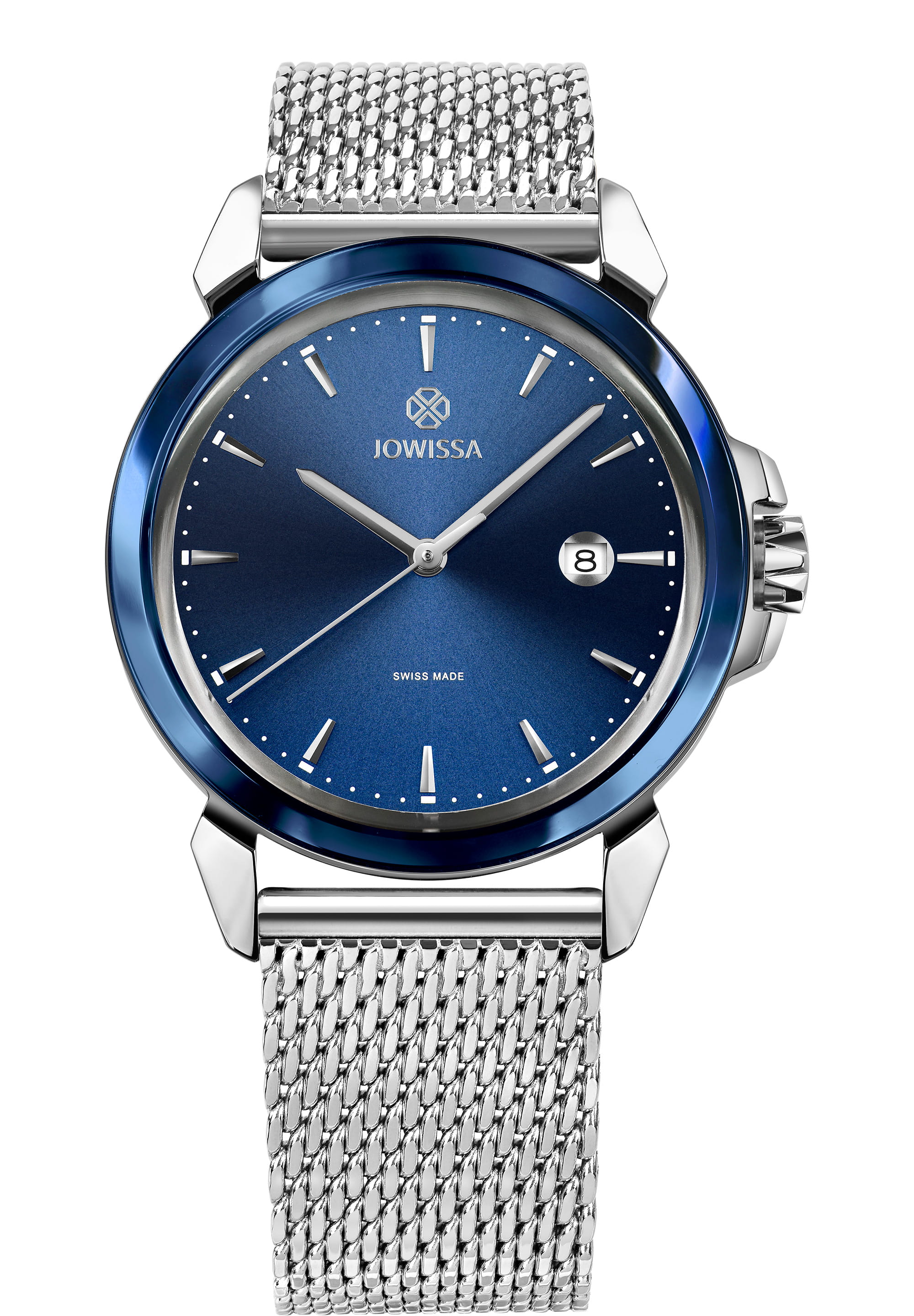 LeWy 3 Swiss Men's Watch J4.466.L featuring a blue sunray dial, stainless steel case, and mesh band.